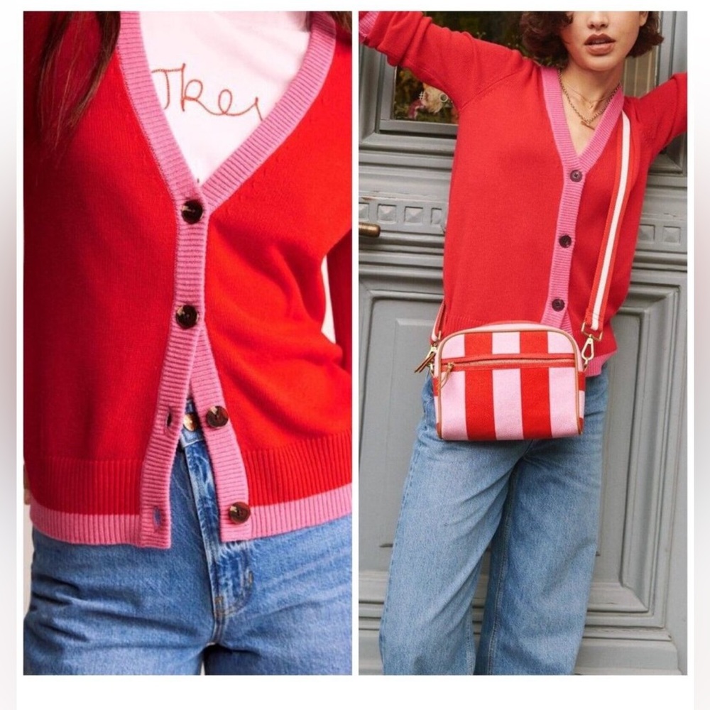 Boden Red V-Neck Cardigan with Pink Trim